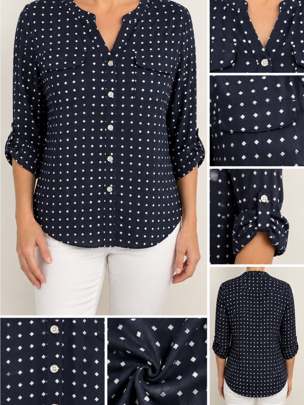 croft & barrow Navy Button-Front Shirt with White Diamond Print